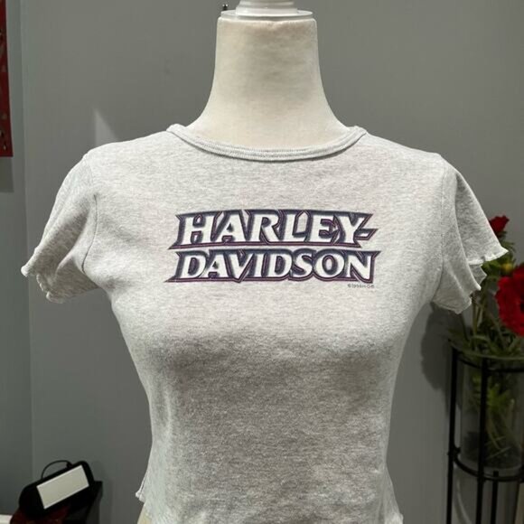 NEW Harley Davidson Vintage 90s Cropped Ruffle Flutter Babydoll Tee T Shirt Top - Picture 3 of 13